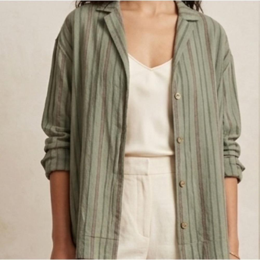 ZARA Olive Green Linen Striped Grandpa Shirt